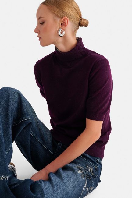 Short sleeve knit turtleneck top - Purple