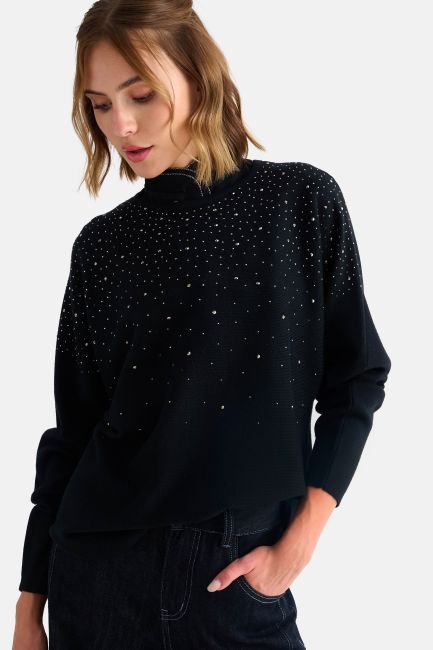 Knitted long-sleeved top with rhinestone embellishments - Black