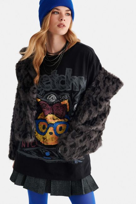 Oversized short-sleeve top with print - Black