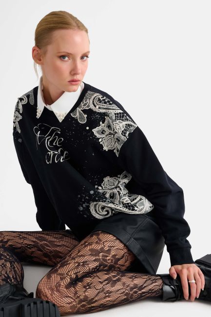 Sweatshirt with embroidery and print - Black