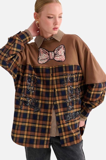 Oversized top with buttons and sequin detailing - Beige