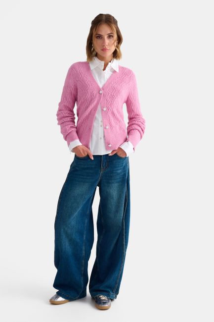 Knitted openwork cardigan with buttons - Pink