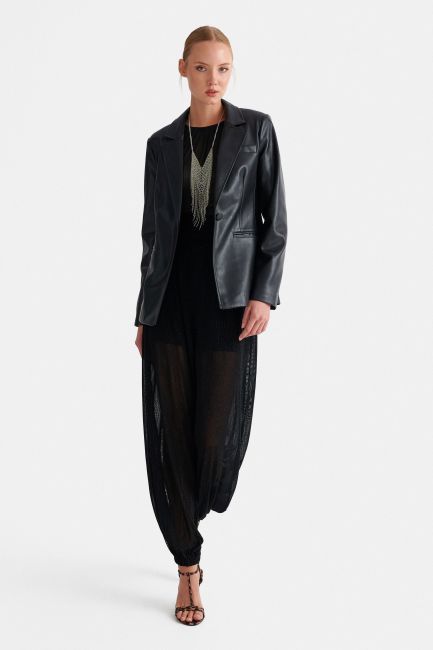 Straight-cut faux leather blazer - Black
