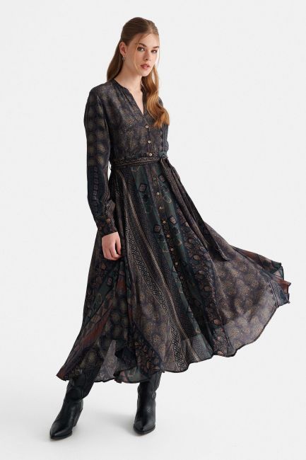 Printed maxi dress with belt - Black