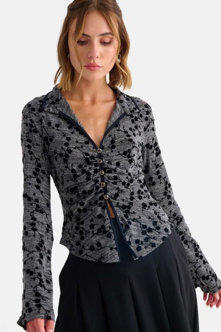 Printed long-sleeved top with ruching - Grey