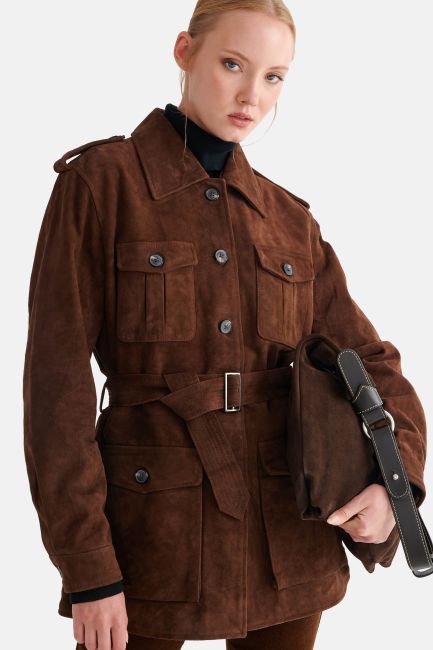 Suede jacket with belt - Brown