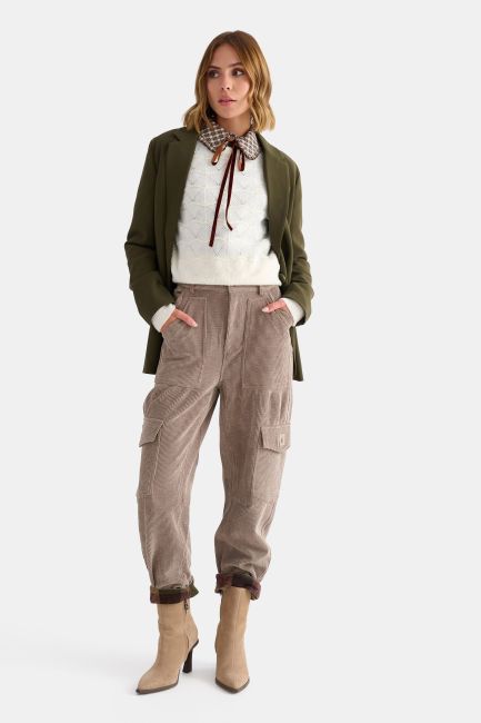 Corduroy cargo pants with plaid details - Brown