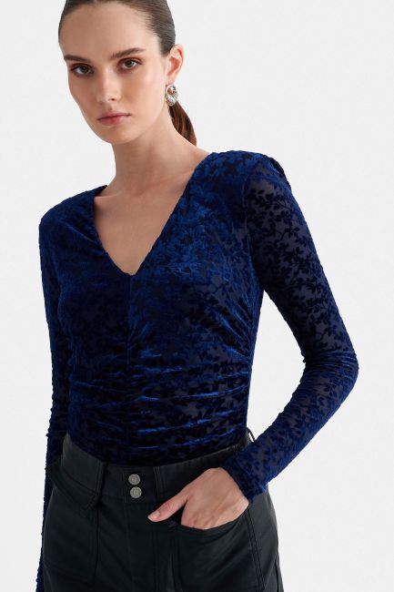 Floral velvet bodysuit with ruching - Blue