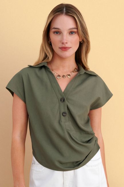 Short-sleeve top with linen effect - Green