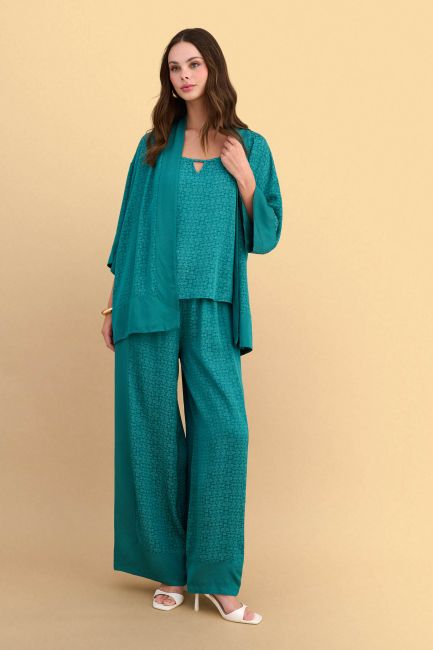 Satin-effect kimono with geometric patterns - Green