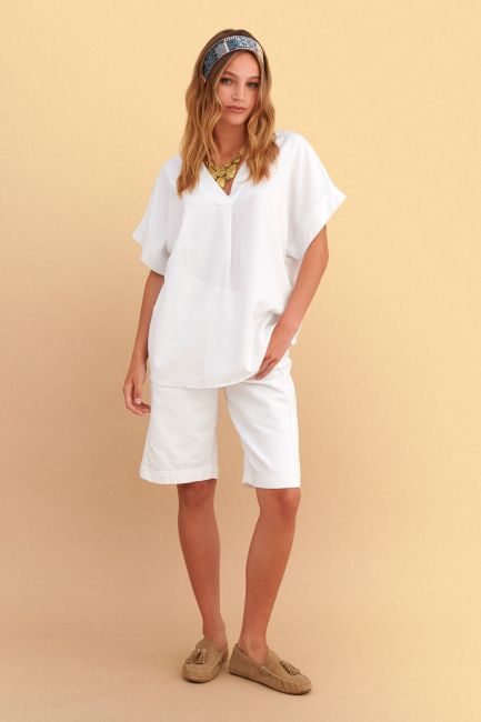 V-neck tunic with linen effect - White