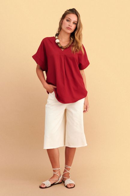 V-neck tunic with linen effect - Red