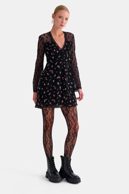 Floral mini dress with a mix of fabrics - Black