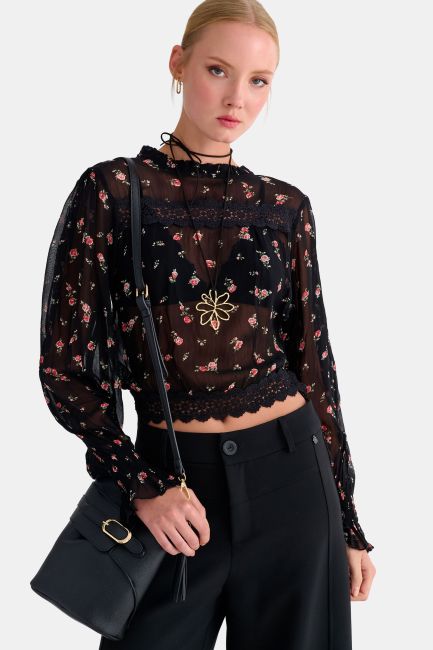 Top semi-sheer floral - Black