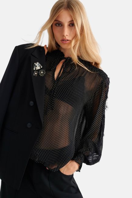 Semi-sheer polka-dot tunic with lace detailing - Black
