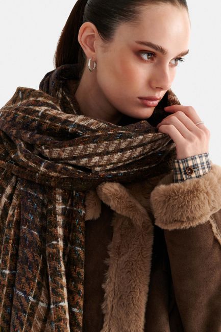 Plaid scarf with fringes - Brown