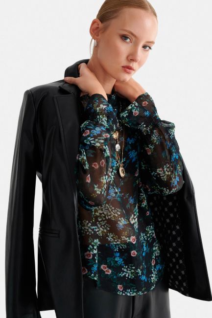 Long sleeve floral sheer top - Blue
