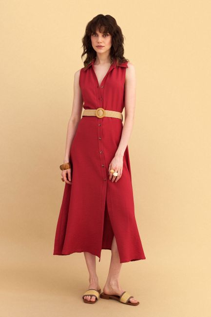 Midi dress with belt - Red