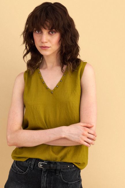 V neck top with decorative stud details - Green