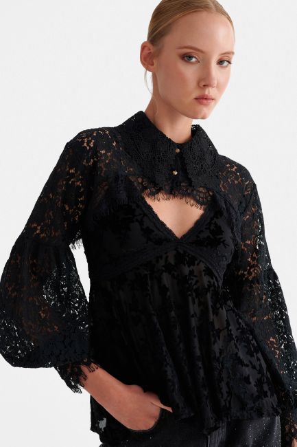 Lace bolero with collar - Black