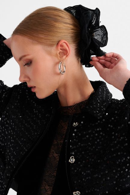 Hair scrunchie with lace details - Black
