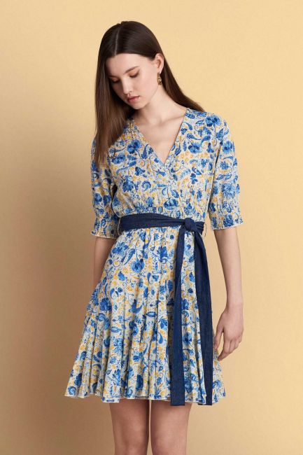 Floral mini dress with belt - Blue