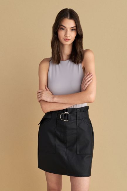 Mini leather-effect skirt with belt - Black