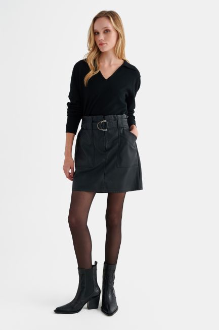 Mini leather-effect skirt with belt - Black