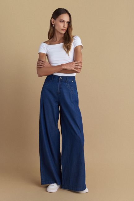 Παντελόνι wide leg denim όψη - Blue