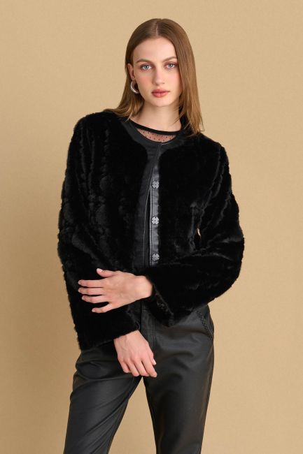 Faux-fur leatherette-trim jacket - Black