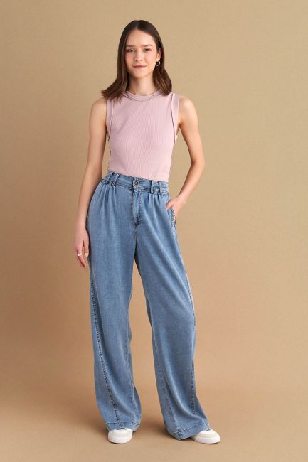 Παντελόνι wide leg τύπου denim - Blue