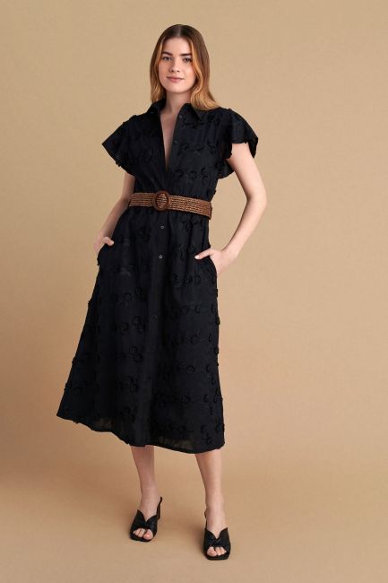 Dress with 3D flower details and belt - Black