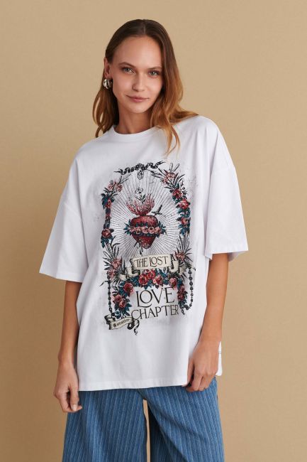 T-shirt με print και στρας - White