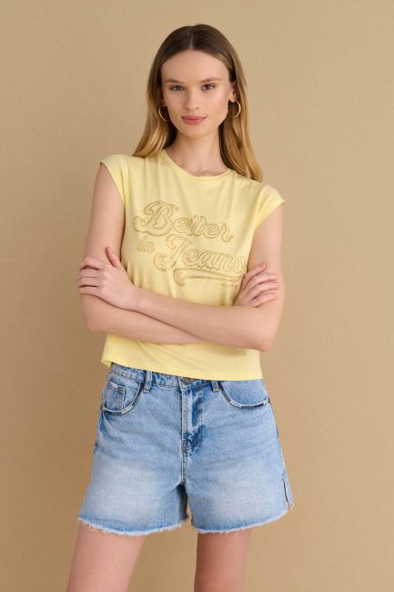T-shirt cropped με στάμπα - Yellow