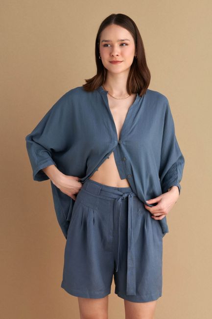 Belted linen shorts - Greyblue