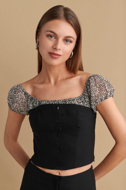 Μπλούζα cropped με εμπριμέ πάνω μέρος - Black