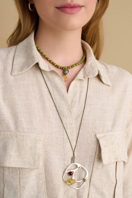Double necklace with multi-material design - Khaki